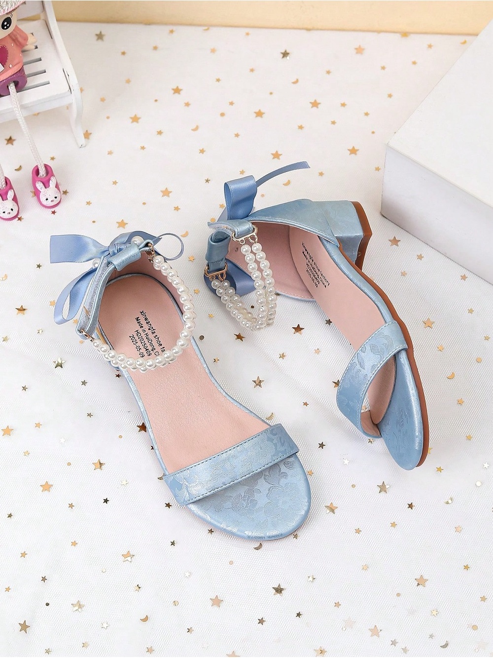 Girls Size 3.5 Light Blue Pearl-Ankle Ribbon Sandals-NWOT